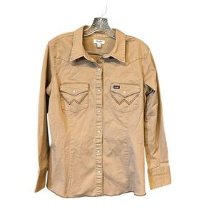 Wrangler Retro pearl snap work shirt women M tan brown pockets exaggerated yoke